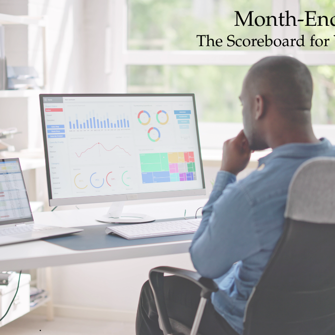 Month-end visibility dashboard showing key business financial metrics including cash flow, accounts receivable, accounts payable, payroll, and profitability.
