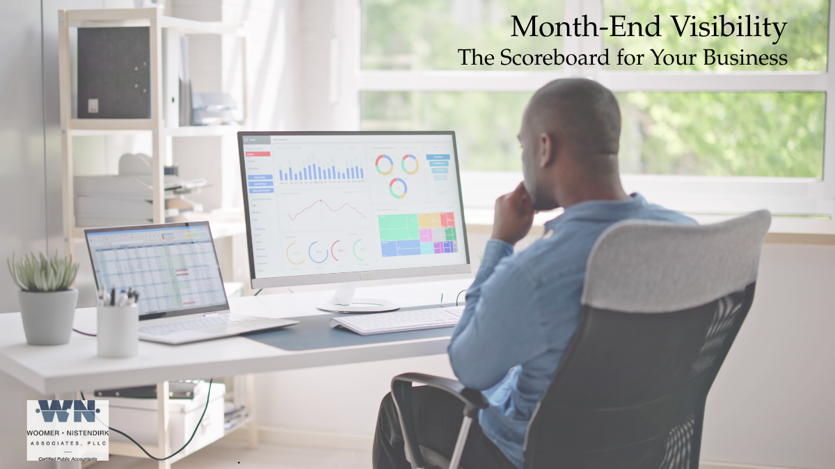Month-end visibility dashboard showing key business financial metrics including cash flow, accounts receivable, accounts payable, payroll, and profitability.