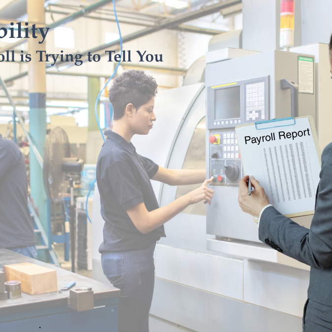 Business manager reviewing payroll reports to analyze labor costs, staffing trends, and payroll visibility.